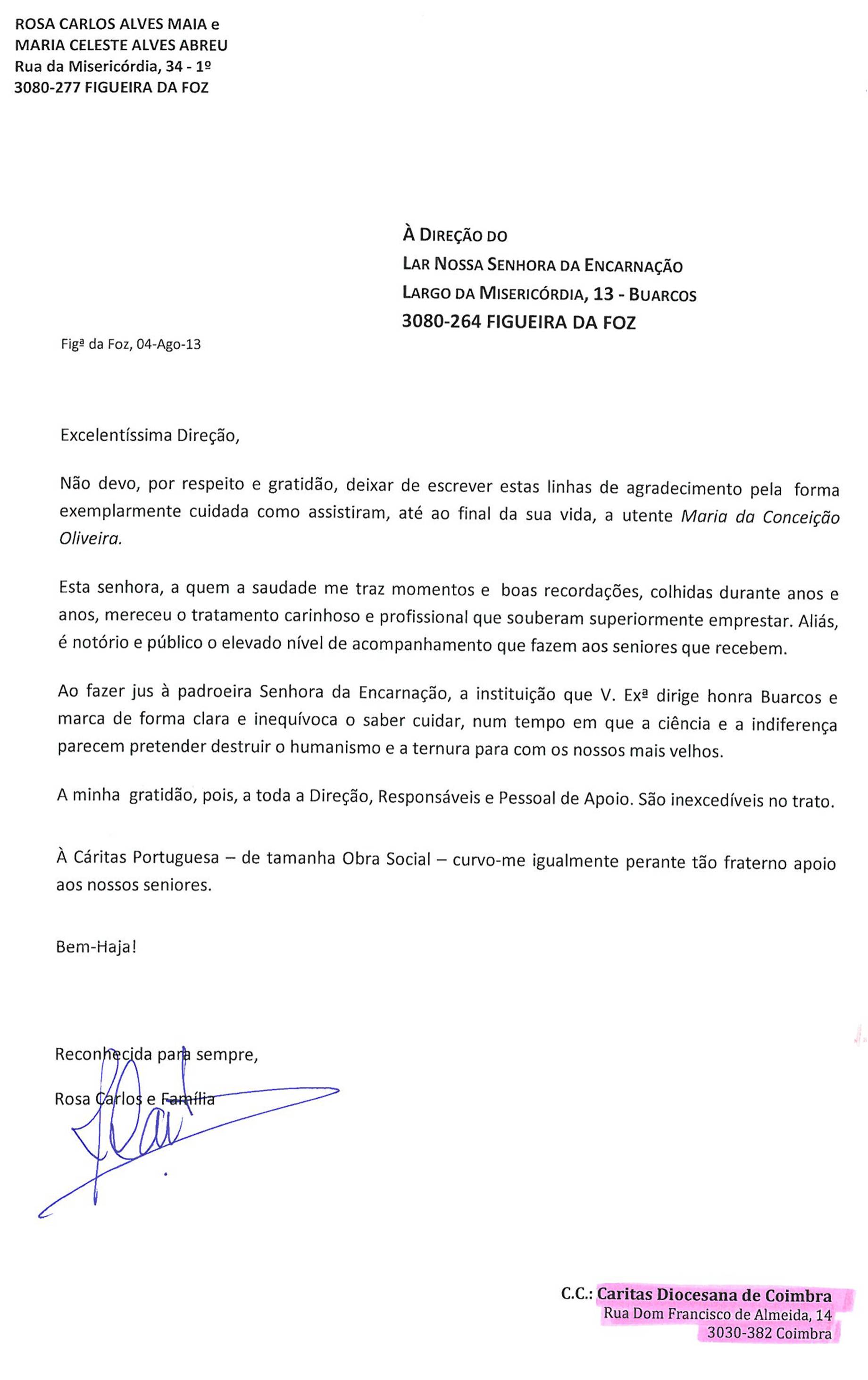Agradecimento ao Lar de Buarcos - Caritas Diocesana de Coimbra